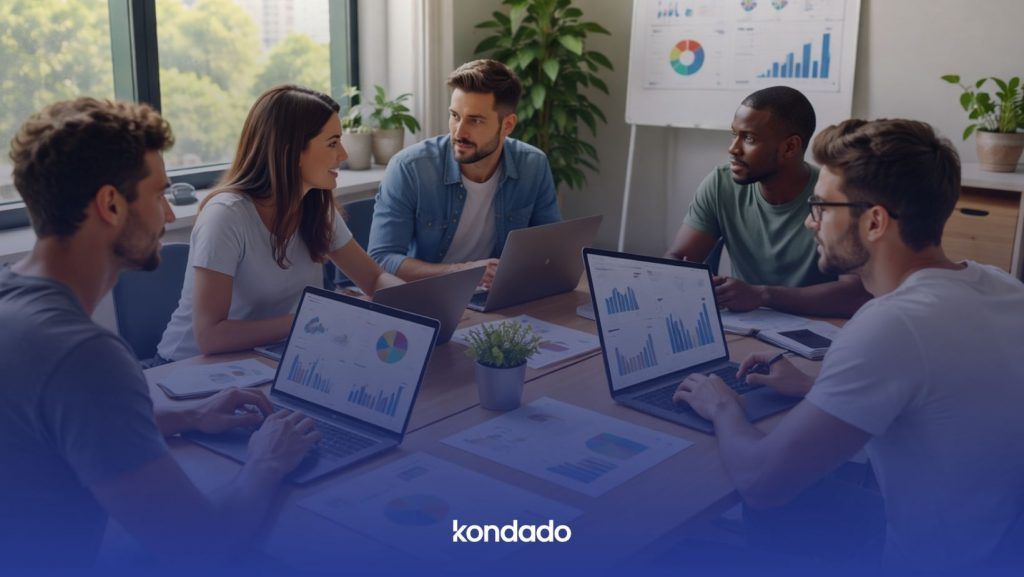 Equipe reunida em uma sala de reunião analisando dados e gráficos em notebooks, representando colaboração e tomada de decisão baseada em dados.