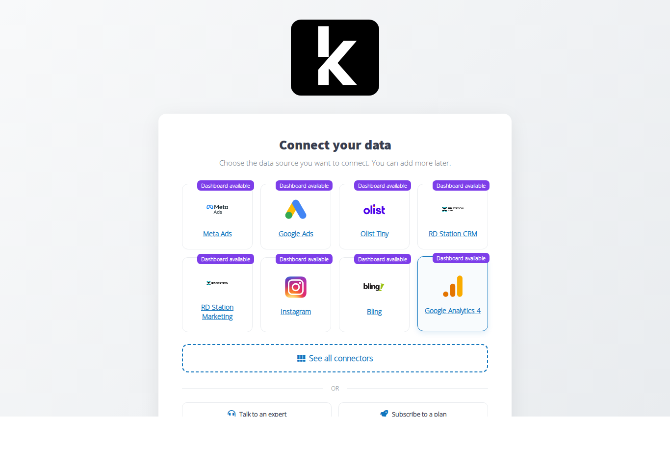 Kondado Welcome page with source grid