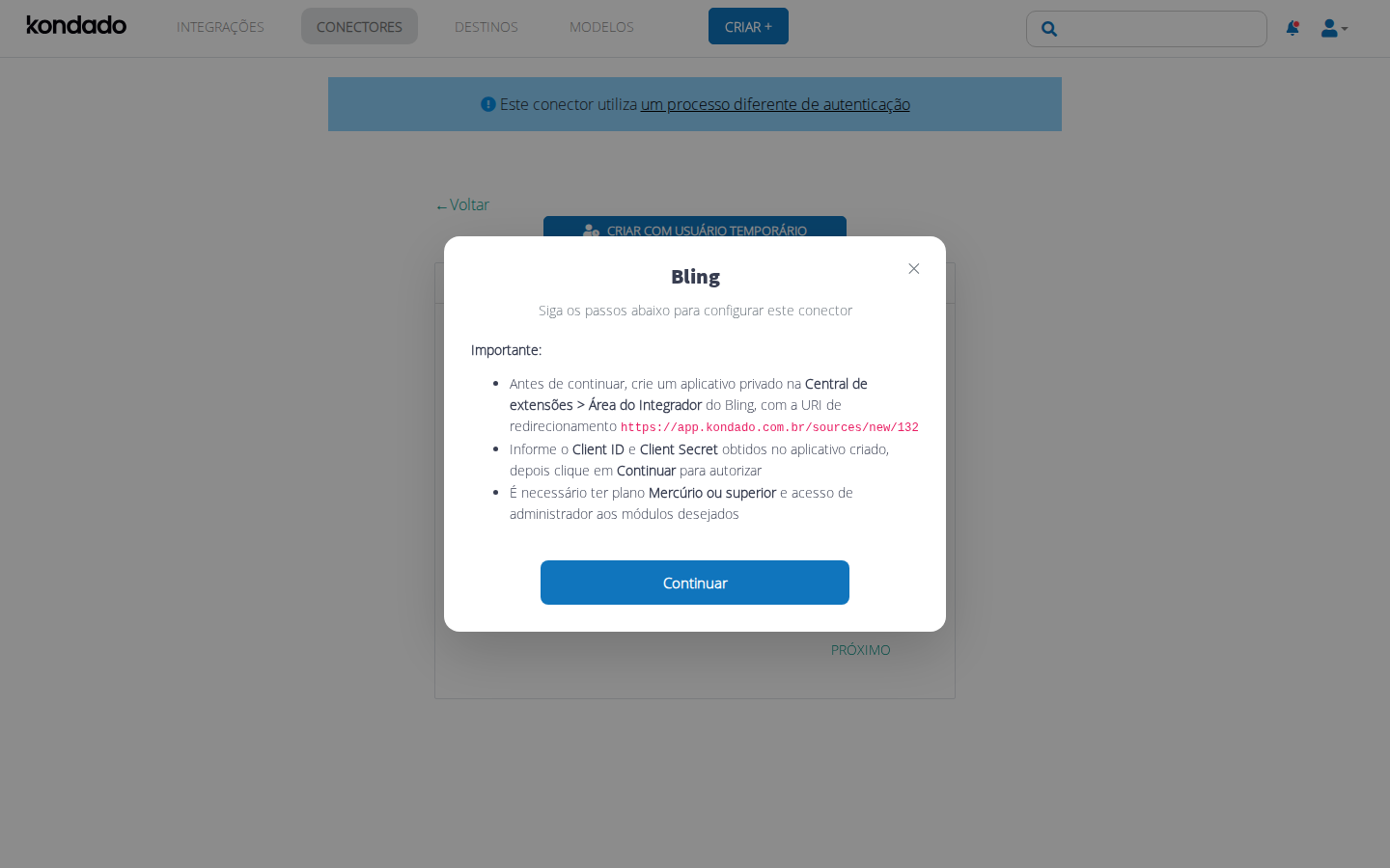 Tela de configuração de conector na Kondado