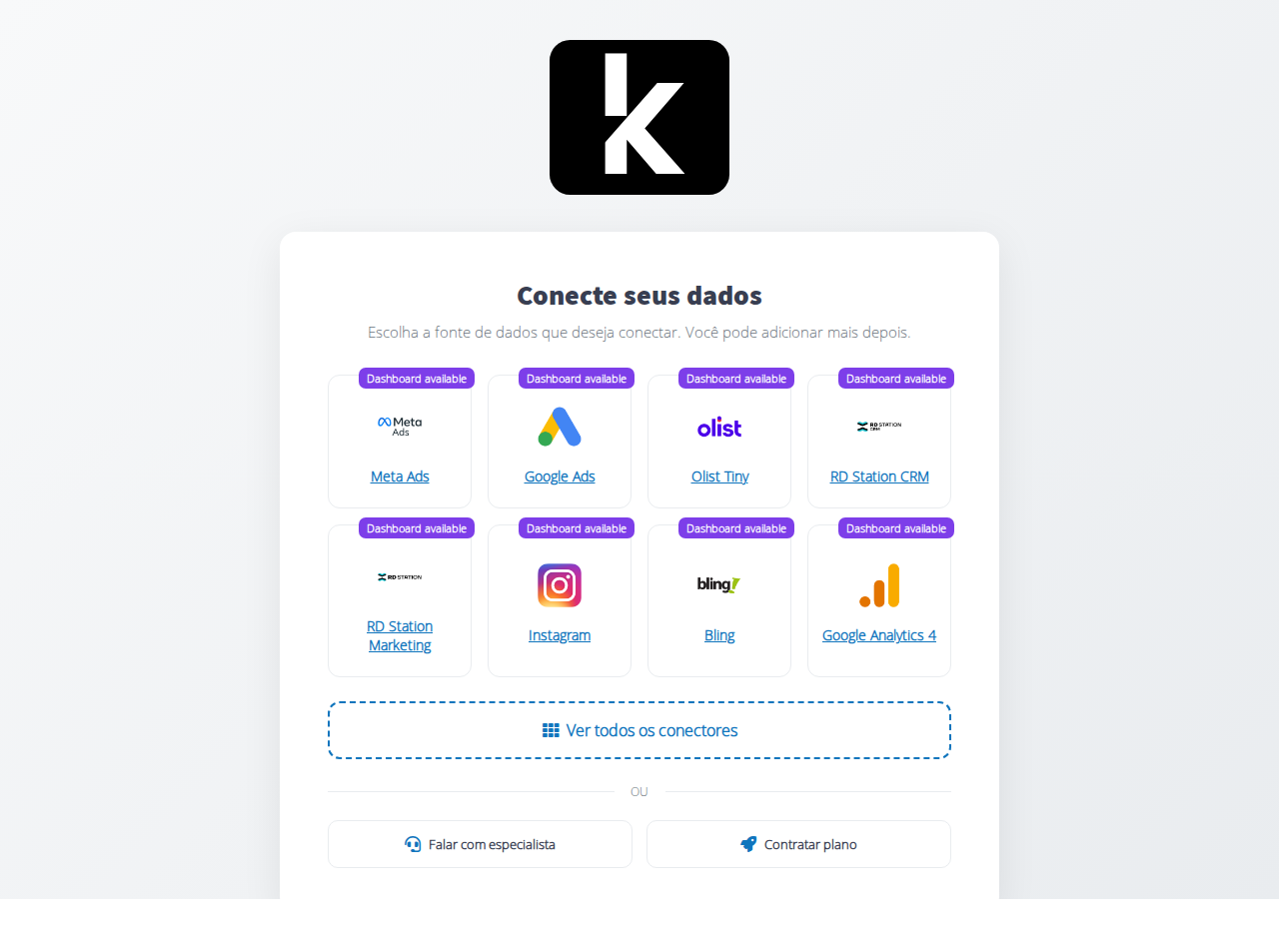 Página de boas-vindas da Kondado com grid de conectores